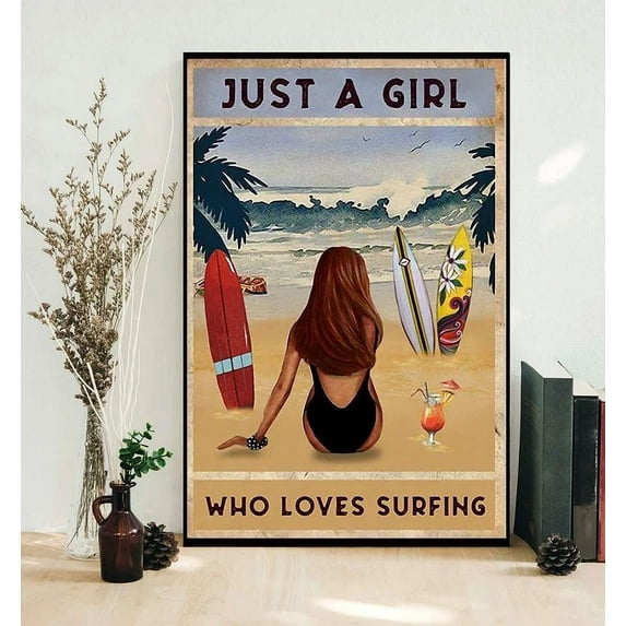 Kna Prints - Summer Beach Just A Girl Who Loves Surfing Poster Home Decor, Vintage Art Print, Haging Poster, Cute Birthday Gift, Wall Art - Kir 4173, UNFRAMED-8x12