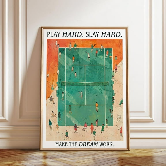 Kna Prints - Tennis Court Illustrated Art Poster - Play Hard, Slay Hard Motivational Sports Art Wall Decor , UNFRAMED-12x18