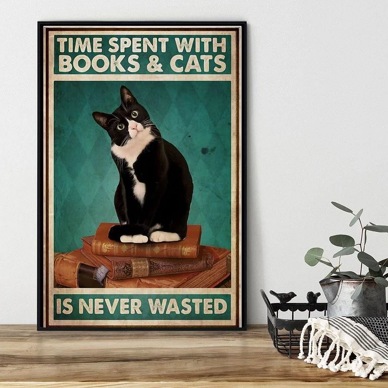 Targa in metallo vintage con gatto siamese e libri, scritta Time