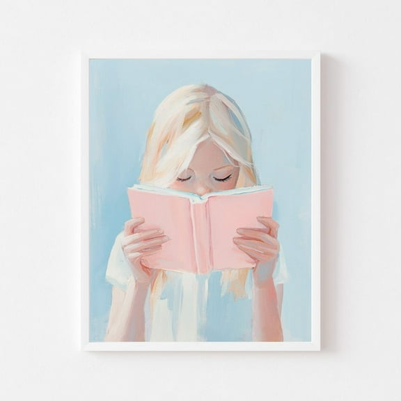 Kna Prints - Tween Girl Reading Pink Book Wall Art Print Blue Book Lover Painting Blonde Girl'S Room Pastel Girly Preppy For Home Decor, Living Room, Bedroom, Office, UNFRAMED-12x18