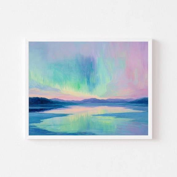 Kna Prints - Vibrant Northern Lights Painting Alaska Landscape Wall Art Print Colorful Finland Green Blue Pink Norway,-24x36 Poster Only