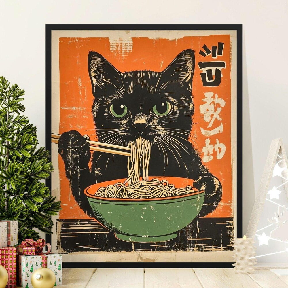 Kna Prints - Vintage Cat Eating Ramen Art Poster, Japanese Style Noodle ...