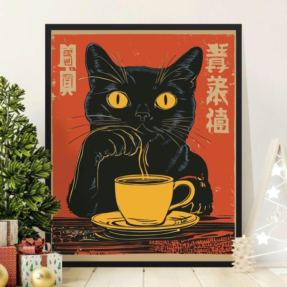 Kna Prints - Vintage Cat Poster, Black Cat Drinking Tea Art, Retro Style Cat Illustration, Japanese Inspired Print, Home Wall Decor Unframed Poster, UNFRAMED-12x18