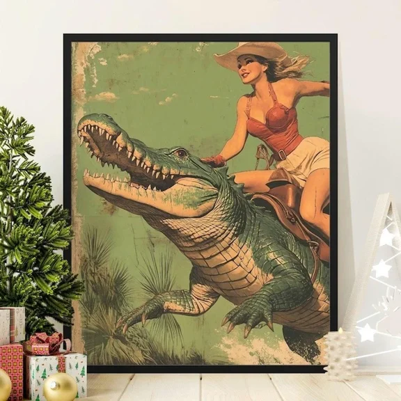 Kna Prints - Vintage Cowgirl Riding Alligator Art Print, Retro Western Wall Decor, Unique Home Decor, Vintage Art Print, Haging Poster, Cute Birthday Gift, Wall Art - Kir 1034, UNFRAMED-16x24