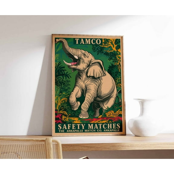 Kna Prints - Vintage Elephant Print, Indian Elephant Poster, Matchbox Art, Tropical Decor, Botanical Art, Tropical Print, Animal Print, Jungle Decor, UNFRAMED-12x18
