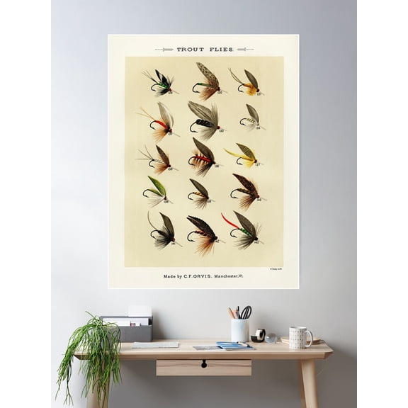 Kna Prints - Vintage Fly Fishing Print - Trout Flies Poster, UNFRAMED-8x12
