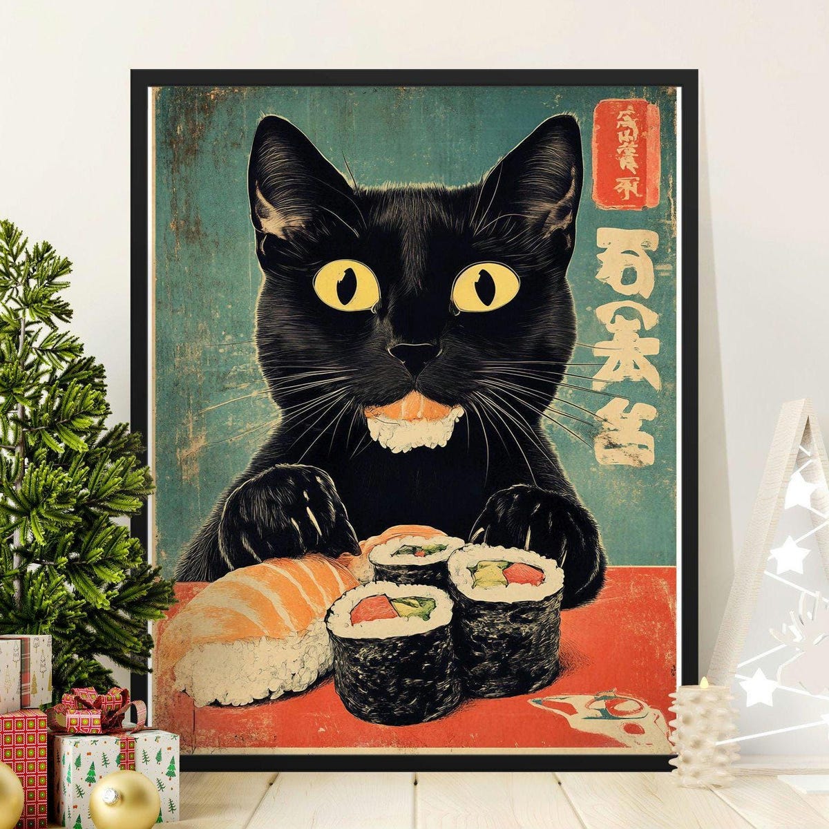 Kna Prints - Vintage Japanese Black Cat Sushi Art Poster, Whimsical ...