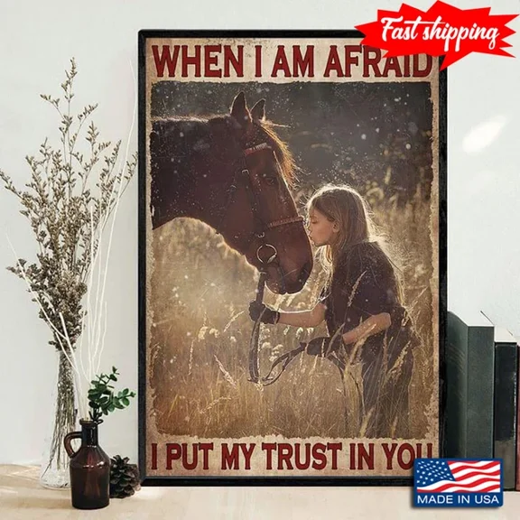 Kna Prints - Vintage Little Girl Kissing Her Brown Horse When I Am Afraid I Put My Trust I For Home Decor, Living Room, Bedroom, Office, UNFRAMED-16x24