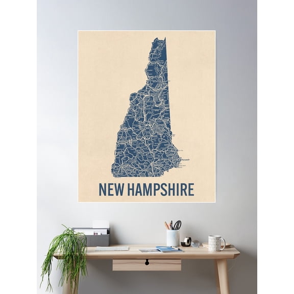 Kna Prints - Vintage New Hampshire Road Map, Blue On Beige #1 Poster, UNFRAMED-16x24