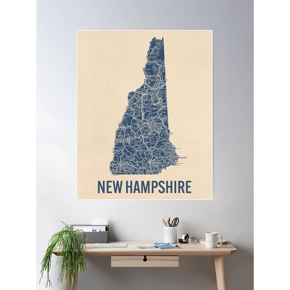Kna Prints - Vintage New Hampshire Road Map, Blue On Beige #1 Poster, UNFRAMED-8x12