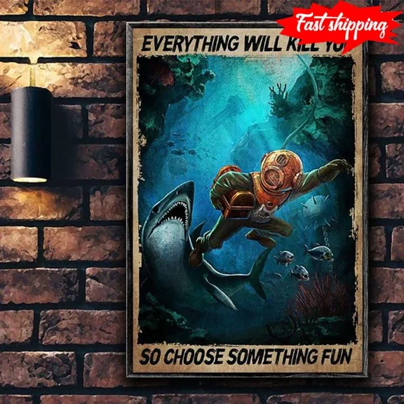 Kna Prints - Vintage Scuba Diver Holding Wooden Box &Amp Shark Swimming Next To Him Everyt For Home Decor, Living Room, Bedroom, Office, UNFRAMED-8x12