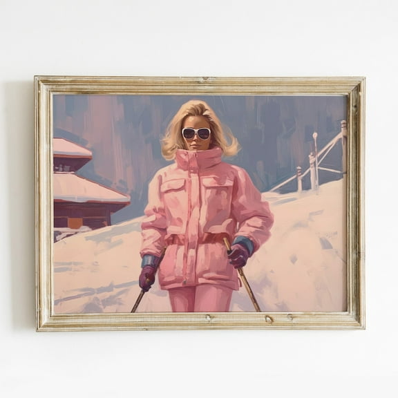 Kna Prints - Vintage Ski Chic Girly Wall Art, Apres Ski Winter Prints, Retro Pink 80S Skiing Poster, Girly Winter Room Decor,, UNFRAMED-24x36