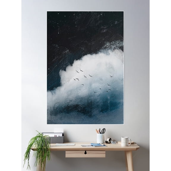Kna Prints - White Cloud And Bird On Painted Night Sky Poster , UNFRAMED-8x12