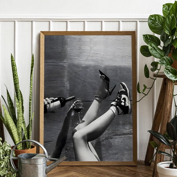 Kna Prints - Woman Drinking Wine In Sneakers Print, Feminist Poster, Bar Cart Wall Art, Black And White, Alcohol Poster, Maximalist Teen Girl Room Decor Unframed Poster, UNFRAMED-8x12