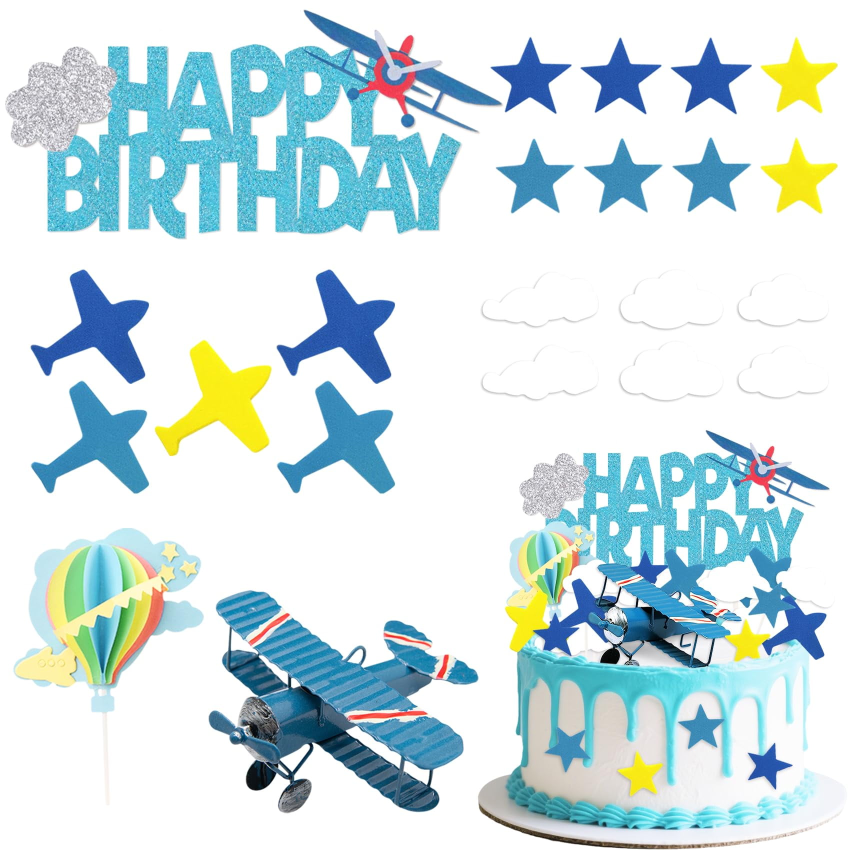 19-Piece Vintage Airplane Cake Topper Set - Clouds, Stars, Planes & Birthday Sign For Baby Shower & Pilot Themed Parties