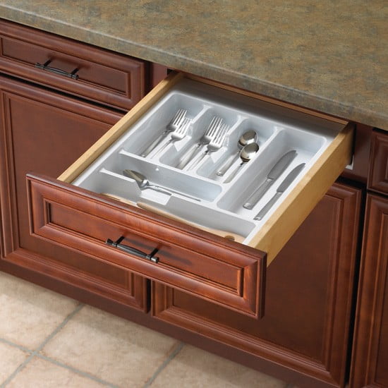 Knape & Vogt Single-Tiered Tableware Tray, 2-1/8" H X 15-5/16" To 17-11/16" Trim-To-Fit Width X 17-5/16" To 21" Trim-To-Fit Depth, White