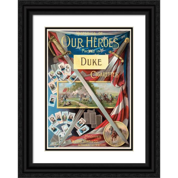 Knapp & Co. 18x24 Black Ornate Framed Double Matted Museum Art Print Titled: Histories of Our Heroes Packed in Duke Cigarettes (1888)