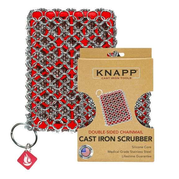 Knapp Made Combo Chainmail Cast Iron Scrubber with Silicone Core - Heavy Duty Rings and Fine Chainmail Rings -Premium Cast Iron Cleaner Chainmail Scrubber -Perfect for Cast Iron Cookware,Skillet,Woks