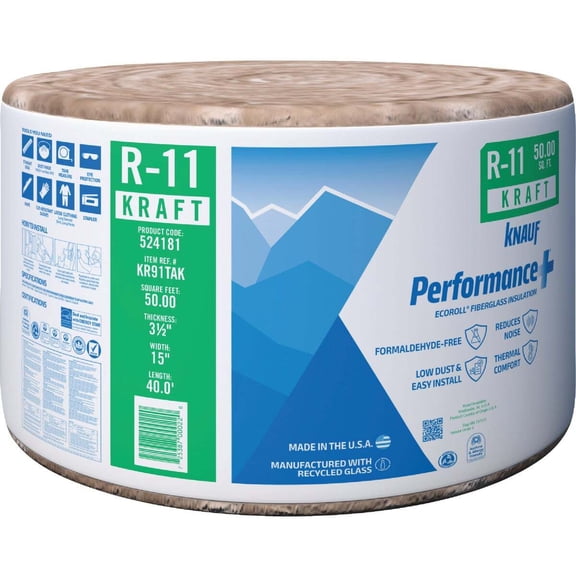 Knauf Insulation EcoRoll KR91E/TAK Fiberglass Insulation, 50 sq-ft Coverage Area, 40 ft L, 15 in W, R-11 R-Value