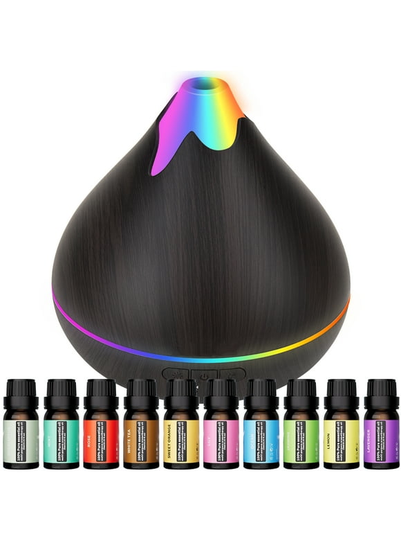 Knauue Oil Diffusers,Essential Oil Diffusers Gift Set 550ml ,Top 10 Essential Oil, Aromatherapy Diffusers,Auto Shut-off for 15 Ambient Light Settings,Lavender(Black)