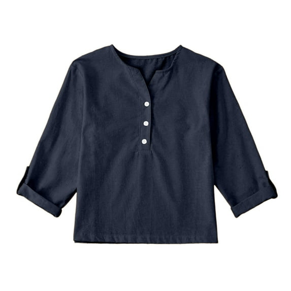 Kndvns Linen Shirts For Girl 3/4 Sleeve V Neck Blouses Buttons Loose Fit T Shirts Solid Color Summer Holiday Tops Daily Navy 9-10 Years