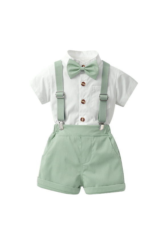 Toddler Boys Short Sleeve Solid T Shirt Tops Suspenders Shorts Child Kids Gentleman Outfits Daily Green 6-9 Months