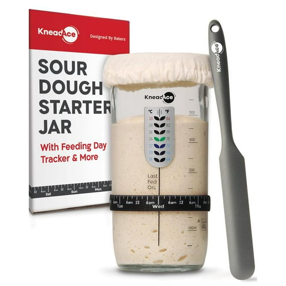 KneadAce 24oz Sourdough Starter Jar and Spatula Thermometer Tracker Band Glass Sourdough Starter Kit