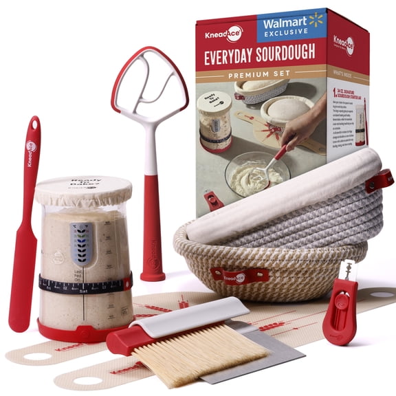KneadAce Premium Sourdough Kit for Bread Baking with 34 oz Starter Jar, 9 Piece Set