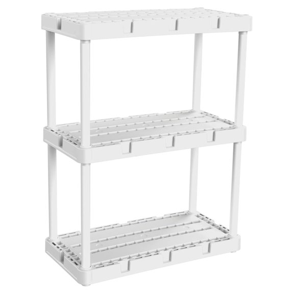 Knect-A-Shelf 3 Shelf Storage Unit White Plastic Shelving Rack with Interconnect Design for Garage Basement Laundry Room Utility Area with 55 Lb Capacity per Shelf