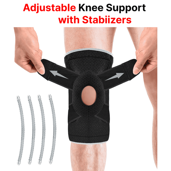 HLTHZONE Adjustable Knee Brace with Side Stabilizers for Running, Compression Knee Support for Meniscus Tear, Arthritis, ACL, LCL, Knee Pain Relief for Men & Women, One Size(Black/Gray)