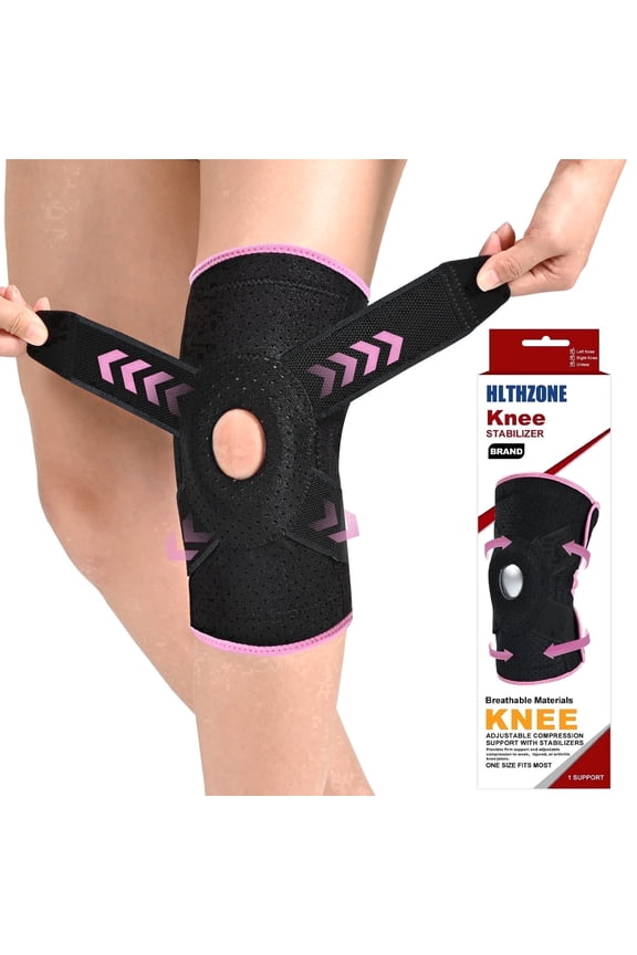 Adjustable Knee Brace with Side Stabilizers for Running, Compression Knee Support for Meniscus Tear, Arthritis, ACL, LCL, Knee Pain Relief for Men & Women, L - Size(Black/Pink)