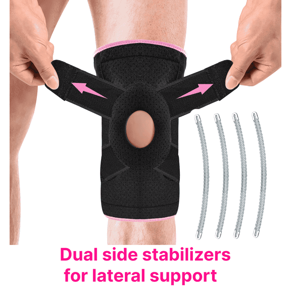 HLTHZONE Adjustable Knee Brace with Side Stabilizers for Running, Compression Knee Support for Meniscus Tear, Arthritis, ACL, LCL, Knee Pain Relief for Men & Women, One Size(Black/Pink)