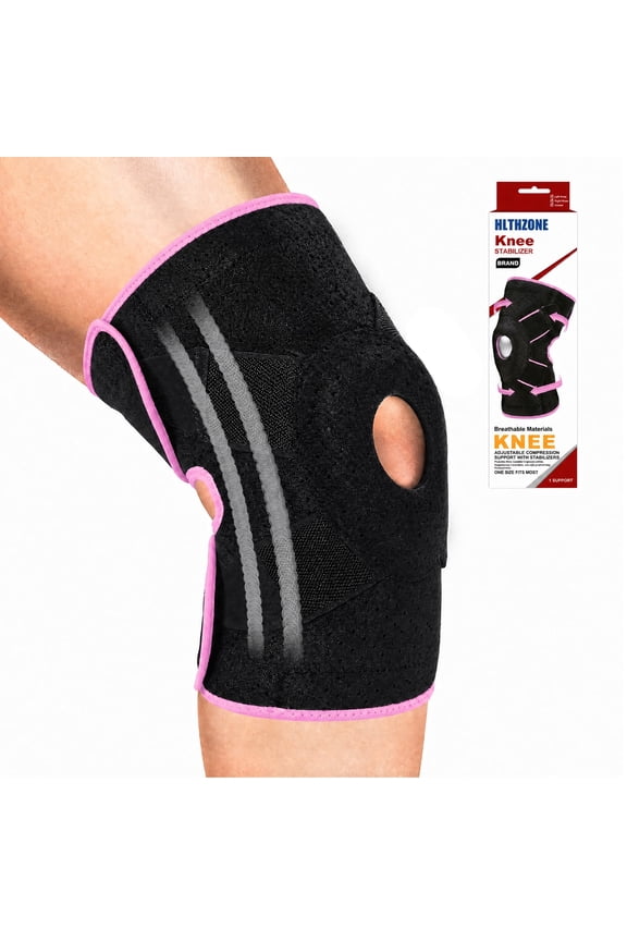 Adjustable Knee Brace with Side Stabilizers, Compression Knee Support for Meniscus Tear, Arthritis, ACL LCL Injury & Knee Pain Relief for Men & Women, Size L(Black/Pink)