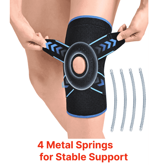 HLTHZONE Adjustable Knee Brace with Side Stabilizers, Compression Support for Running, Meniscus Tear, Arthritis, ACL LCL & Knee Pain Relief, Unisex, XL, Black/Blue