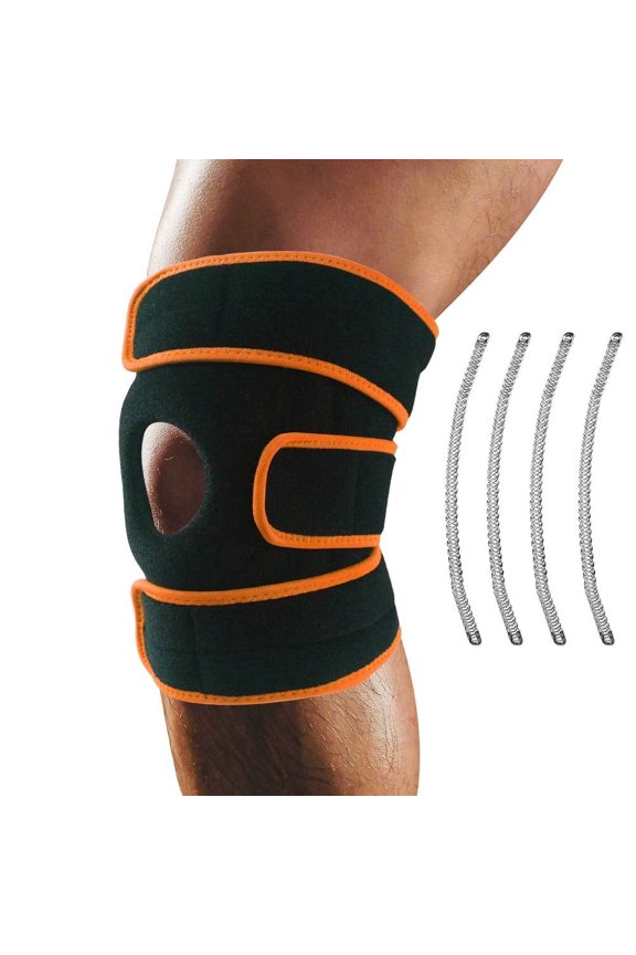 Knee Brace Support, Adjustable Neoprene Compression Sleeve with Side Stabilizers, Open Patella Knee Wrap for Sports, ACL MCL Meniscus Support, Orange