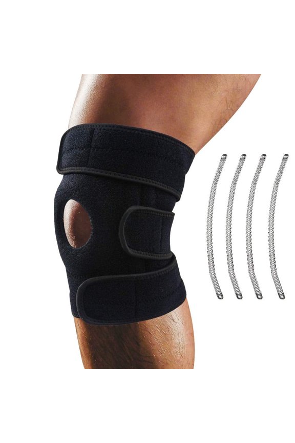Knee Brace Support, Adjustable Neoprene Compression Sleeve with Side Stabilizers, Open Patella Knee Wrap for Sports, ACL MCL Meniscus Support, Black