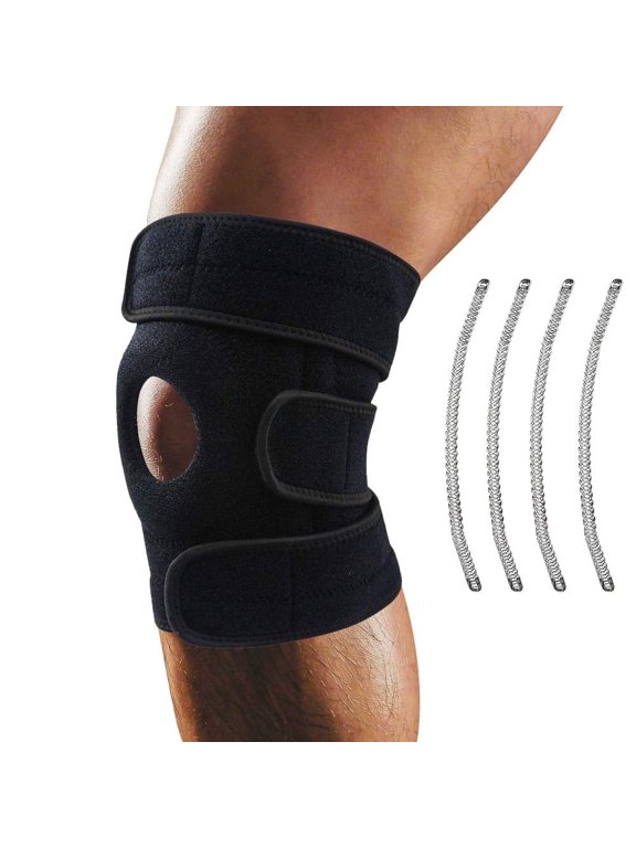 Knee Brace Support, Adjustable Neoprene Compression Sleeve with Side Stabilizers, Open Patella Knee Wrap for Sports, ACL MCL Meniscus Support, Black