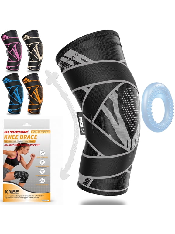 Adjustable Compression Knee Brace Patella Gel Pad & Stabilizers for Sports & Joint Pain Relief, Black/Gray