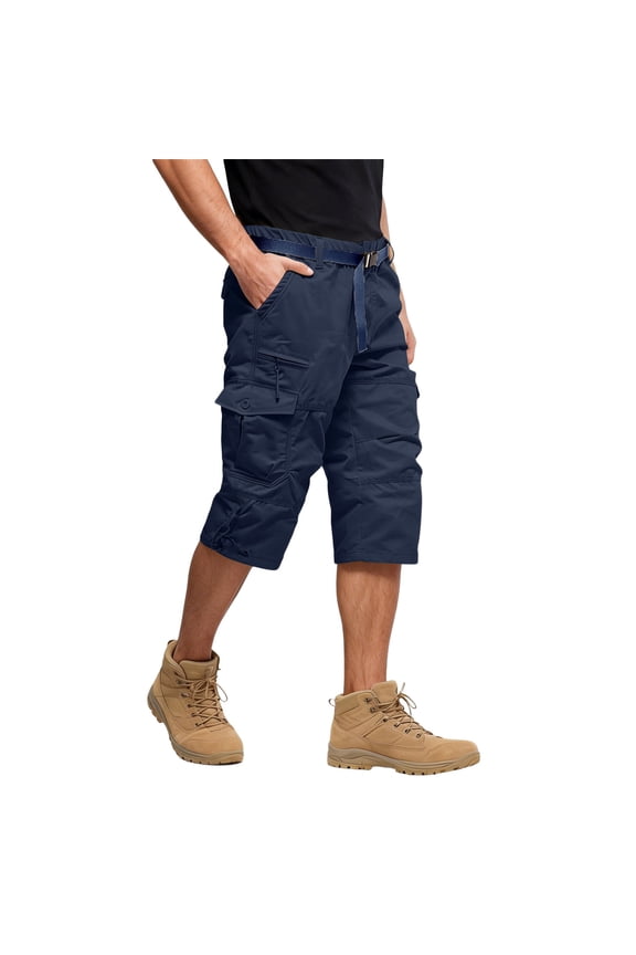 Below the Knee Cargo Shorts for Men Long Capri Below the Knee Elastic Waist Shorts with Multi-Pockets Big and Tall Cargo Short Pants Relaxed Fit Casual Hiking Half Pants,Blue M