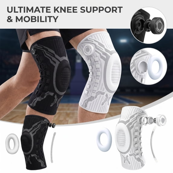 Knee Compression Sleeve, Knee Compression Sleeve for Knee Pain, Knee Brace with Side Stabilizers, Patella Stabilizer Knee Brace, Adjustable Rotary Lock Fit Design, Silicone