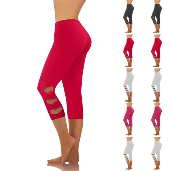 Knee Cutout Capri Leggings for Women High Waisted Cropped Yoga Leggings Seamless Fit Athletic Workout Pants Running Fitness , #02 Red, S
