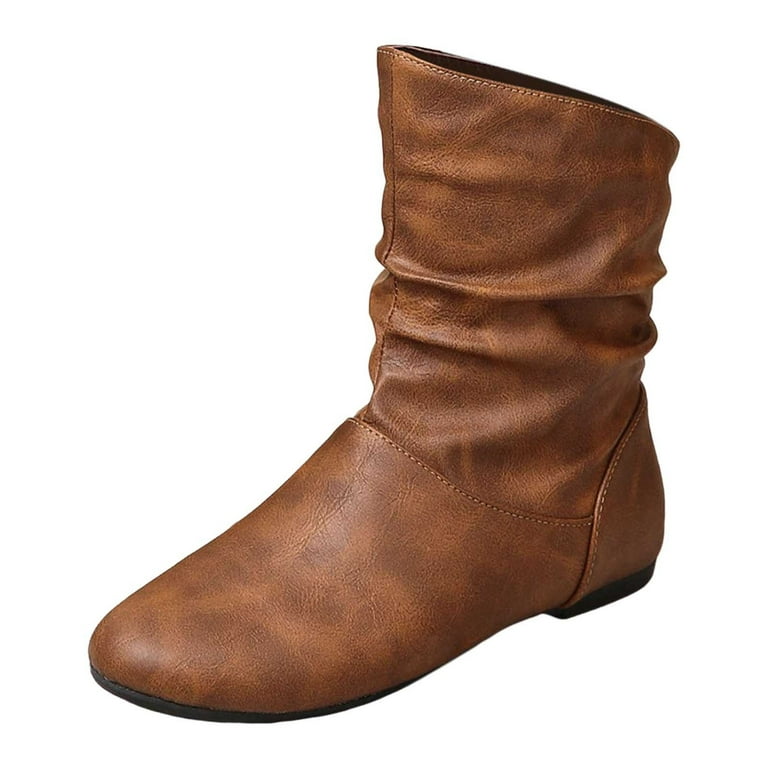 Knee High Boots Flat Heel Ladies Casual Solid Color Comfortable Flat Vintage Mid Calf Large Size Western Boots Ankle Boots Short Boots Single Pull