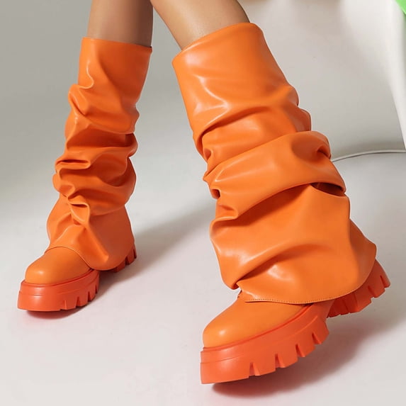 Knee High Boots For Women Round Toe Platform Heel Pull On Slouch Boots