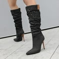 thumbnail image 1 of Knee High Boots For Women Stiletto High Heel Pointed Toe Applique Denim Boots Zipper Detachable Off Wide Calf Slouchy Ruched Panel Boots For Women, 1 of 6