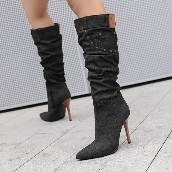 Knee High Boots For Women Stiletto High Heel Pointed Toe Applique Denim Boots Zipper Detachable Off Wide Calf Slouchy Ruched Panel Boots For Women