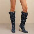 thumbnail image 1 of Knee High Boots For Women Stiletto High Heel Pointed Toe Applique Denim Boots Zipper Detachable Off Wide Calf Slouchy Ruched Panel Boots For Women, 1 of 6