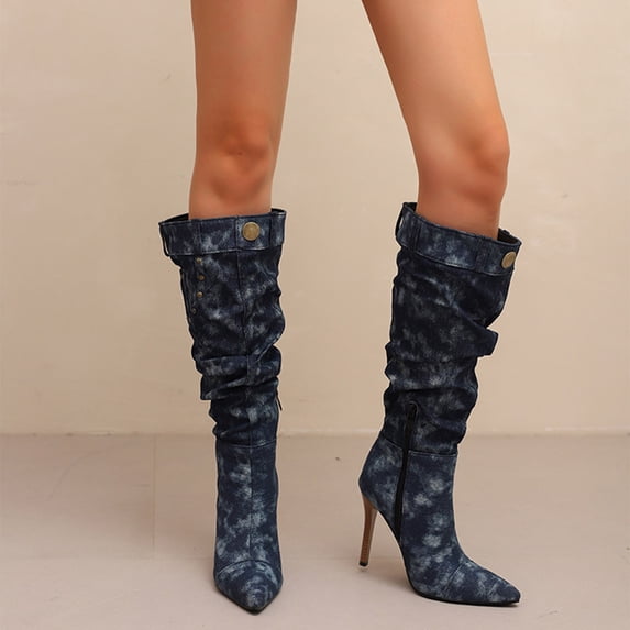 Knee High Boots For Women Stiletto High Heel Pointed Toe Applique Denim Boots Zipper Detachable Off Wide Calf Slouchy Ruched Panel Boots For Women