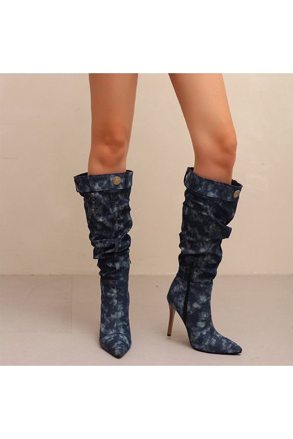 Knee High Boots For Women Stiletto High Heel Pointed Toe Applique Denim Boots Zipper Detachable Off Wide Calf Slouchy Ruched Panel Boots For Women