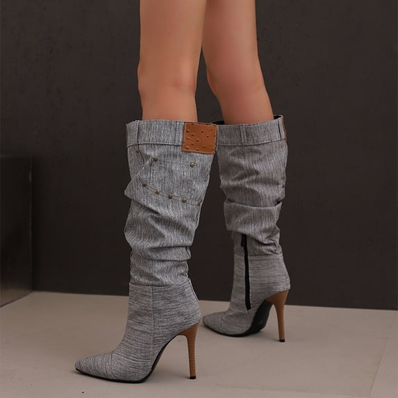 Knee High Boots For Women Stiletto High Heel Pointed Toe Applique Denim Boots Zipper Detachable Off Wide Calf Slouchy Ruched Panel Boots For Women
