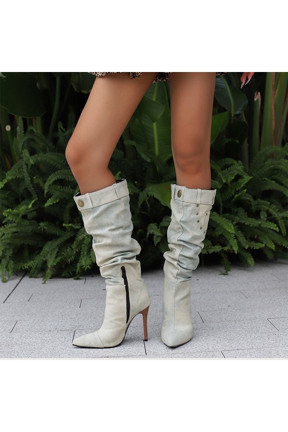 Knee High Boots For Women Stiletto High Heel Pointed Toe Applique Denim Boots Zipper Detachable Off Wide Calf Slouchy Ruched Panel Boots For Women